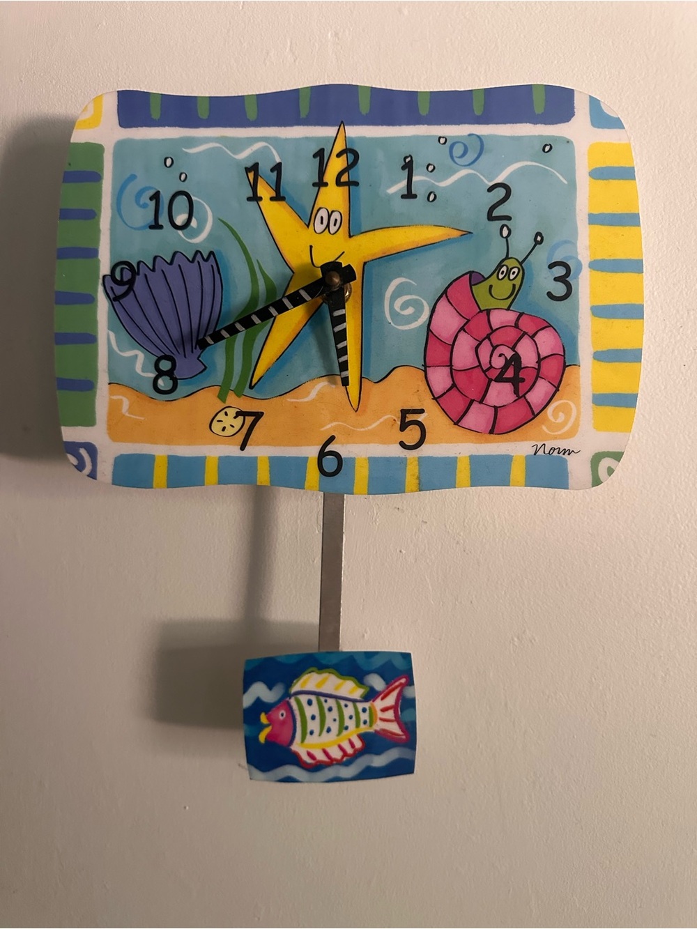 Hand Crafted & Signed Yellow Starfish Pink & blue Shell Coastal Wall Clock